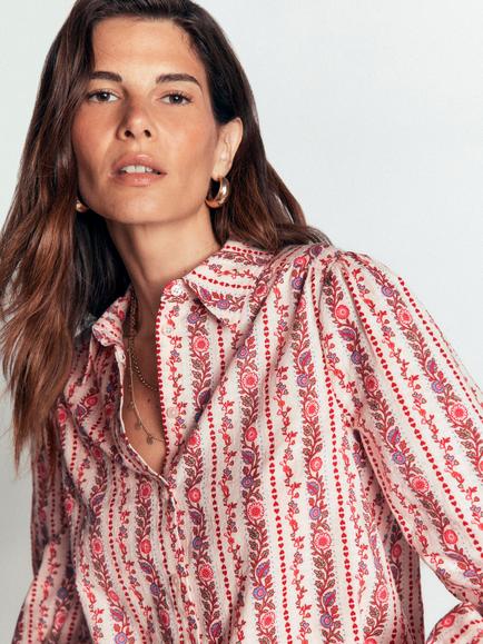 Boden Violet Floral Stripe Cotton Shirt, Cream/Multi - view 2, Cream/Multi