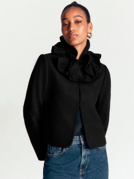Boden Ruffle Neck Wool Rich Blazer, Black, Black