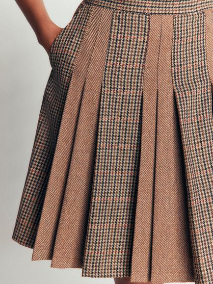 Boden Wool Rich Check Panelled Skirt, Brown/Multi - view 2, Brown/Multi