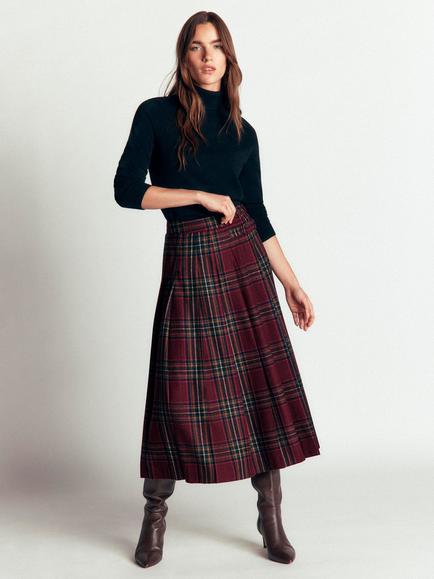 Boden Check Pleated Midi Kilt Skirt, Maroon/Olive, Maroon/Olive