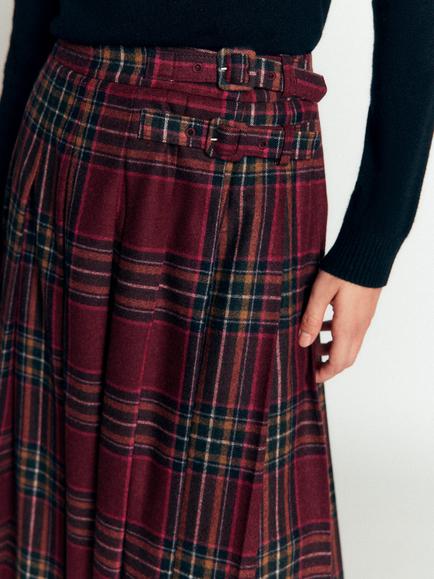 Boden Check Pleated Midi Kilt Skirt, Maroon/Olive - view 2, Maroon/Olive
