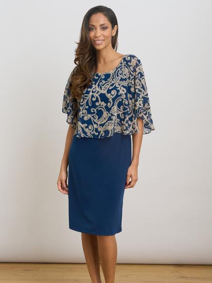Gina Bacconi Gracie Chiffon Overlay Dress, Navy/Beige, Navy/Beige