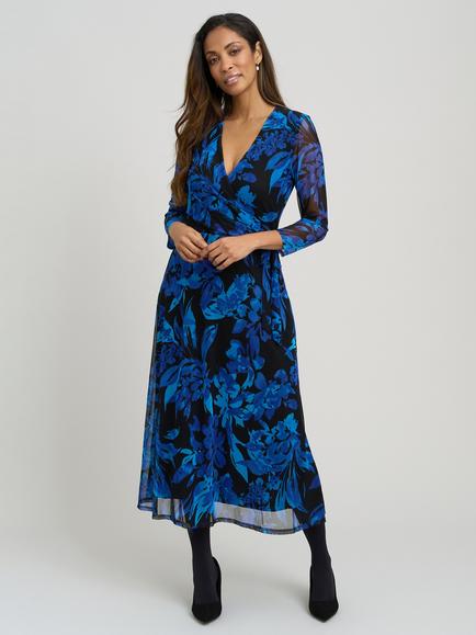 Gina Bacconi Indie Floral Mesh Wrap Midi Dress, Black Saphire, Black Saphire