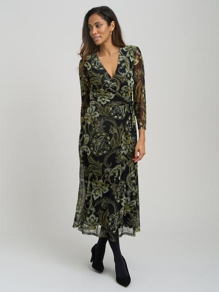 Gina Bacconi Chestina Print Mesh Wrap Midi Dress, Black/Green, Black/Green