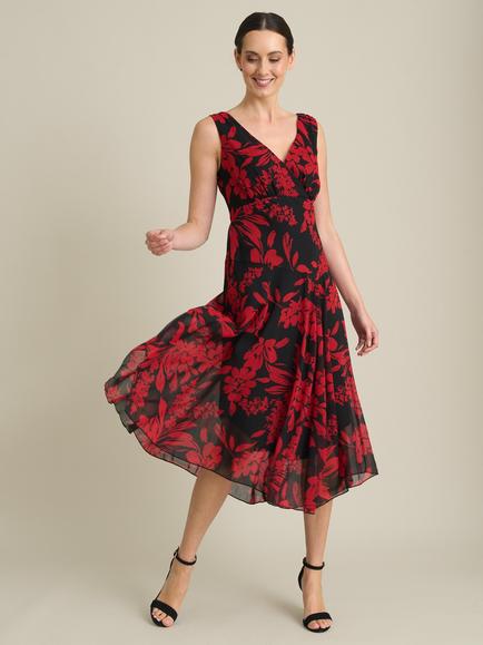 Gina Bacconi Janey Floral Midi Dress, Black/Red, Black/Red