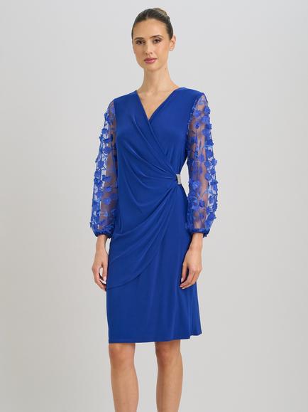 Gina Bacconi Lyndsey Floral Mesh Sleeve Dress, Royal Blue, Royal Blue