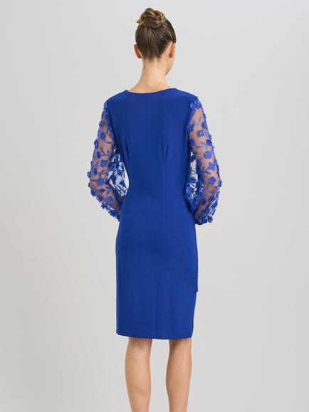 Gina Bacconi Lyndsey Floral Mesh Sleeve Dress, Royal Blue - view 2, Royal Blue