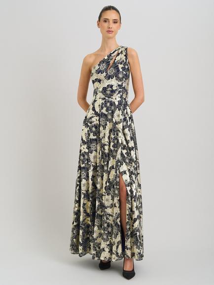Gina Bacconi Sabina One Shoulder Floral Maxi Dress, Navy/Gold, Navy/Gold