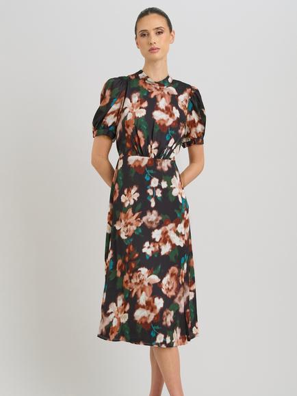 Gina Bacconi Taryn Floral Print High Neck Midi Dress, Black/Multi, Black/Multi
