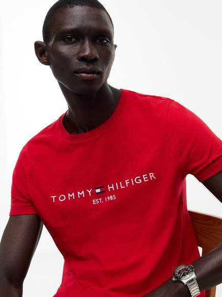 Tommy Hilfiger Slim Fit Logo Crew Neck Cotton T-Shirt, Red - view 2, Red
