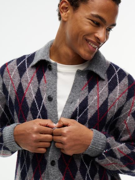 Tommy Hilfiger Argyle Collared Cardigan , Grey Marl/Multi - view 2, Grey Marl/Multi