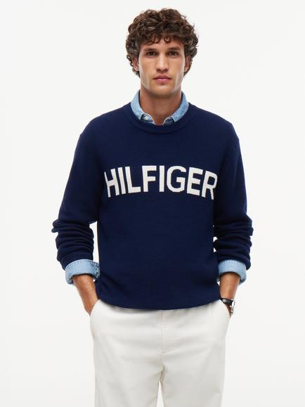 Tommy Hilfiger Cotton Logo Jumper, Navy/White, Navy/White