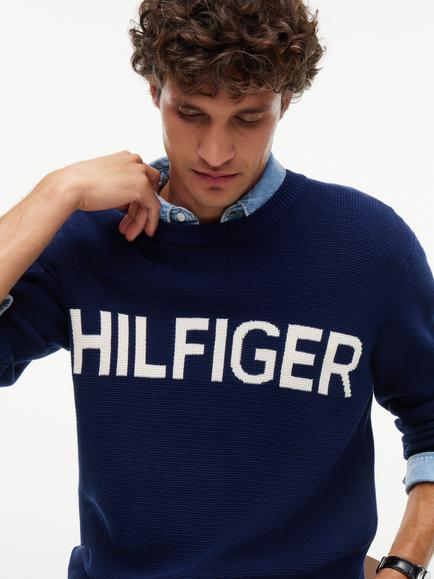 Tommy Hilfiger Cotton Logo Jumper, Navy/White - view 2, Navy/White