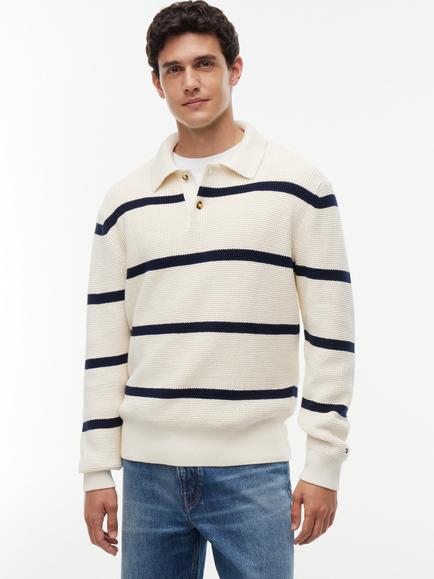 Tommy Hilfiger Waffle Knit Cotton Jumper, Cream/Navy