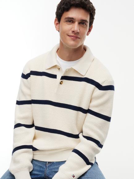 Tommy Hilfiger Waffle Knit Cotton Jumper - view 2, Cream/Navy