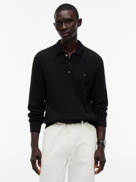 Tommy Hilfiger Cable Knit Long Sleeve Cotton Polo Shirt, Black, Black