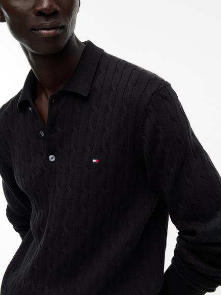 Tommy Hilfiger Cable Knit Long Sleeve Cotton Polo Shirt, Black - view 2, Black