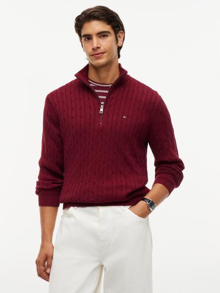 Tommy Hilfiger Cable Knit Half Zip Cotton Jumper, Dark Red, Dark Red