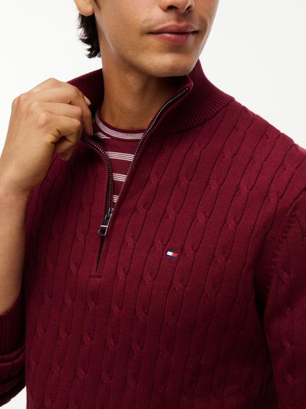 Tommy Hilfiger Cable Knit Half Zip Cotton Jumper, Dark Red - view 2, Dark Red