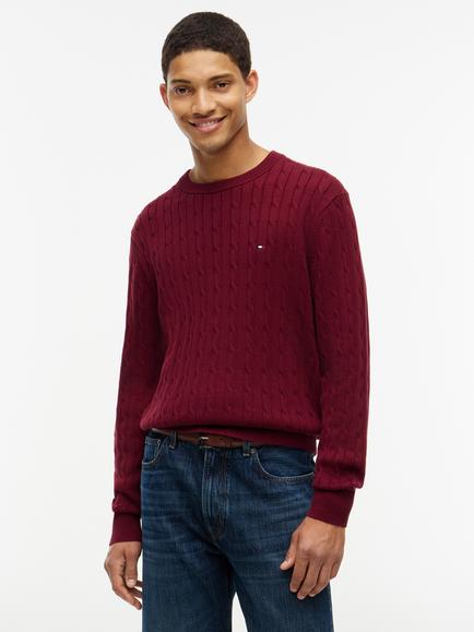 Tommy Hilfiger Cable Knit Crew Neck Cotton Jumper, Dark Red, Dark Red