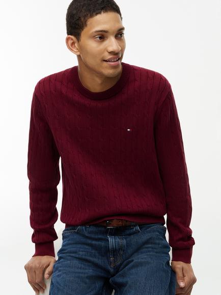 Tommy Hilfiger Cable Knit Crew Neck Cotton Jumper, Dark Red - view 2, Dark Red