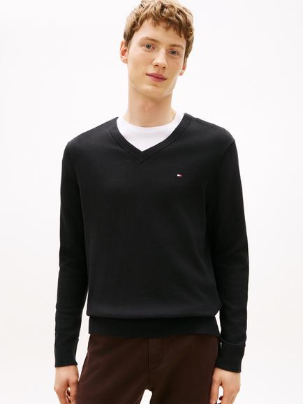 Tommy Hilfiger V Neck Cotton Cashmere Blend Jumper, - view 2, Black