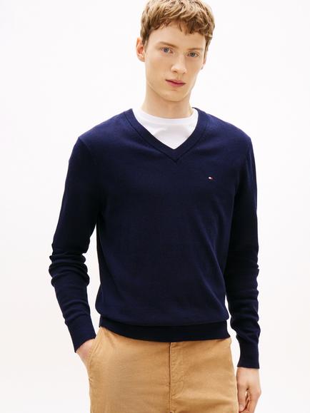 Tommy Hilfiger V Neck Cotton Cashmere Blend Jumper, - view 2, Blue Navy