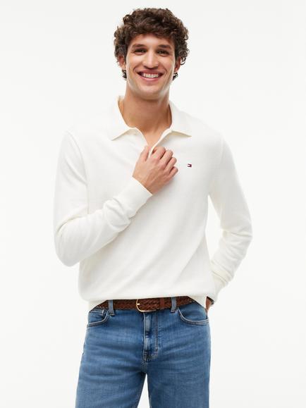 Tommy Hilfiger Long Sleeve Cotton Cashmere Blend Polo Shirt, Natural Ivory, Natural Ivory