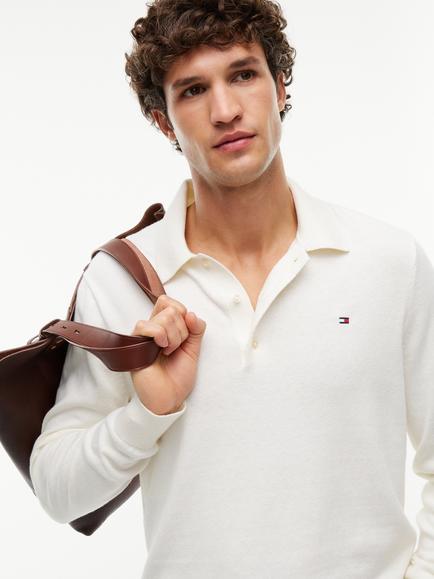 Tommy Hilfiger Long Sleeve Cotton Cashmere Blend Polo Shirt, Natural Ivory - view 2, Natural Ivory