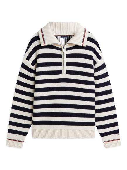Tommy Hilfiger Wool Blend Stripe Quarter Zip Jumper, White/Multi, White/Multi