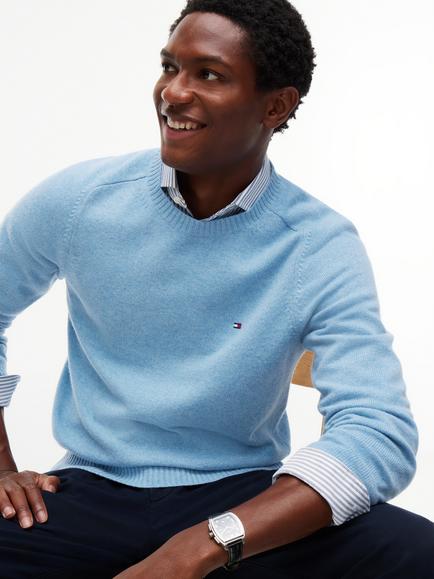 Tommy Hilfiger Pure Wool Crew Neck Jumper, Mid Blue - view 2, Mid Blue