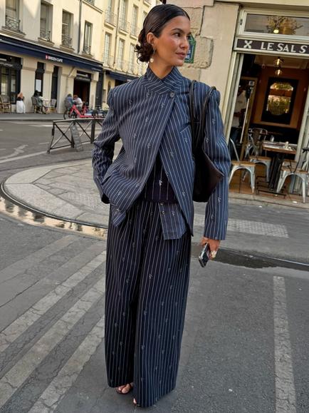 Never Fully Dressed Pinstripe Fold Over Blazer, Navy, Navy