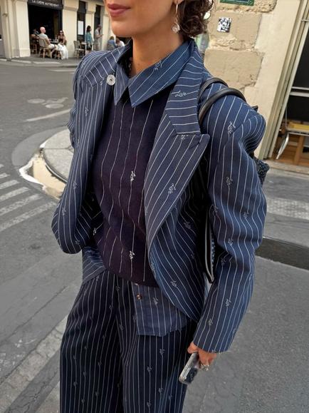 Never Fully Dressed Pinstripe Fold Over Blazer, Navy - view 2, Navy