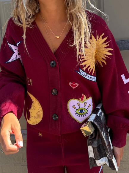 Never Fully Dressed Knitted Mystical Applique Cardigan, Burgundy - view 2, Burgundy