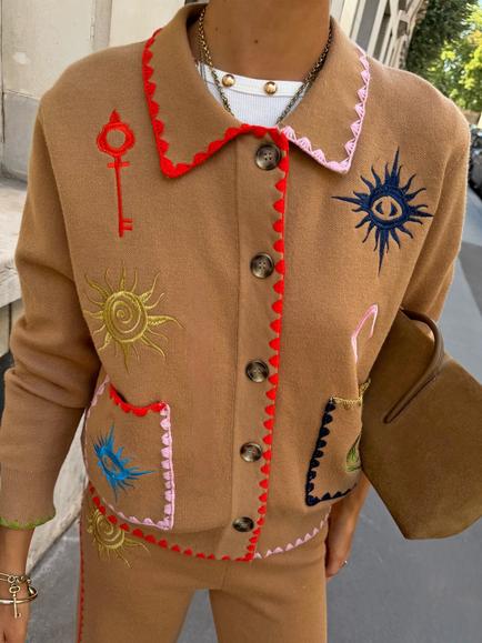 Never Fully Dressed Casablanca Embroidered Cardigan, Tan, Tan