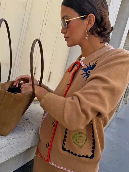 Never Fully Dressed Casablanca Embroidered Cardigan, Tan - view 2, Tan