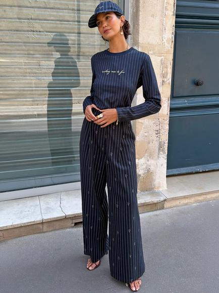 Never Fully Dressed Tailored Wide Leg Trousers, Navy, Navy