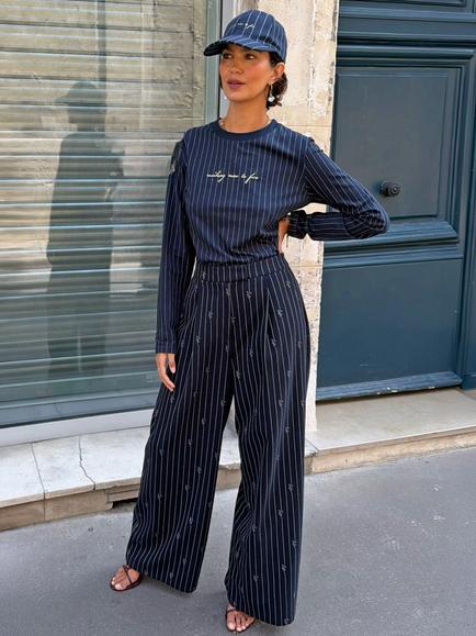 Never Fully Dressed Tailored Wide Leg Trousers, Navy - view 2, Navy