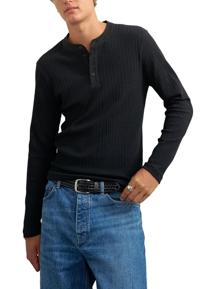 Topman Cotton Rich Rib Knit Henley Top, Black, Black