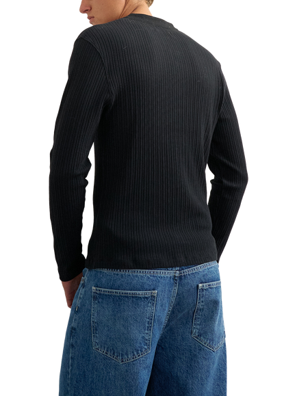Topman Cotton Rich Rib Knit Henley Top, Black - view 2, Black