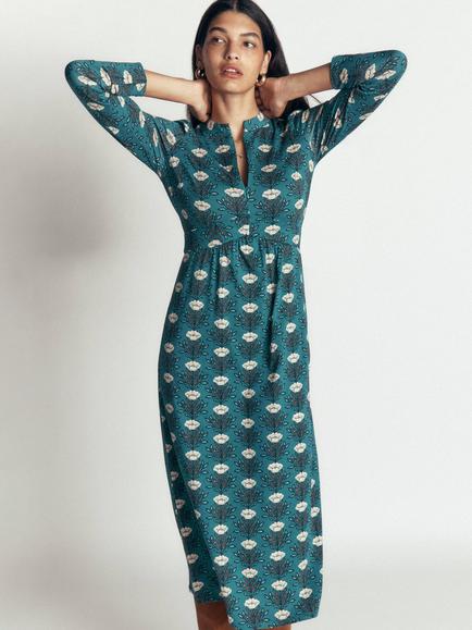 Boden Hope Floral Shift Midi Dress containing TENCEL™ Modal, Blue/Multi, Blue/Multi