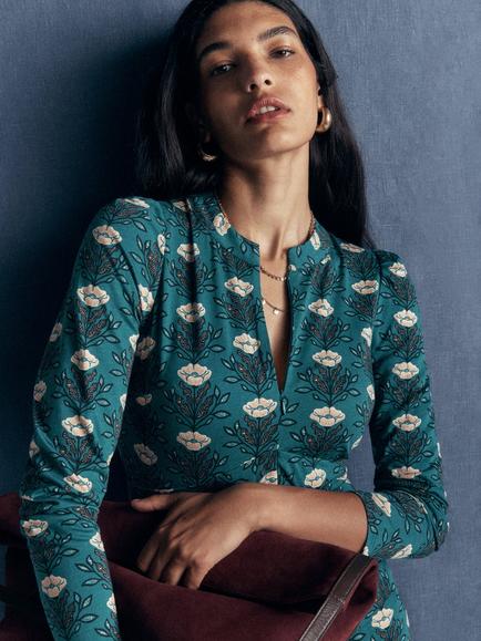 Boden Hope Floral Shift Midi Dress containing TENCEL™ Modal, Blue/Multi - view 2, Blue/Multi