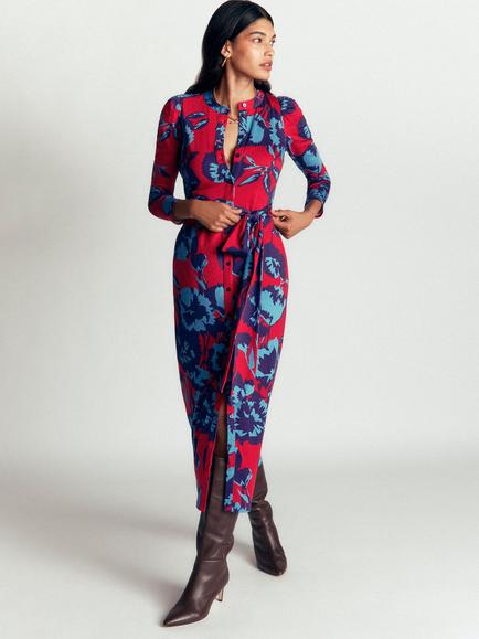 Boden Honor Cotton Blend Floral Shirt Midi Dress, Red Forest/Breeze, Red Forest/Breeze