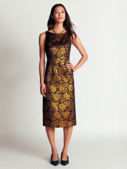 Boden Jacquard Boat Neck Shift Midi Dress, Gold, Gold