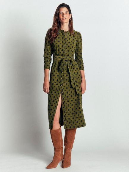 Boden Louise Corduroy Midi Shirt Dress, Olive Gardenia Stamp, Olive Gardenia Stamp