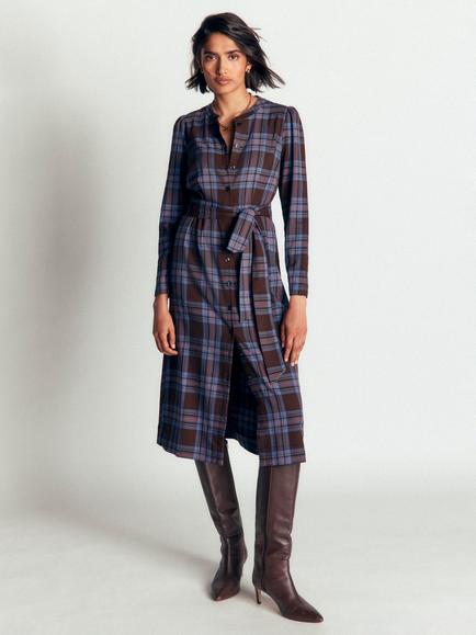 Boden Louise Check Shirt Midi Dress, Brown/Blue, Brown/Blue