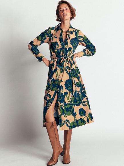 Boden Maeve Floral Corduroy Shirt Midi Dress, Cocoa/Forest Breeze, Cocoa/Forest Breeze