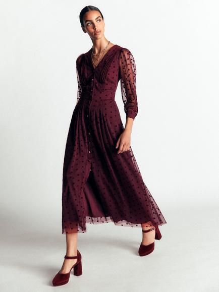 Boden Pleated Tulle Midi Dress, Dark Cherry