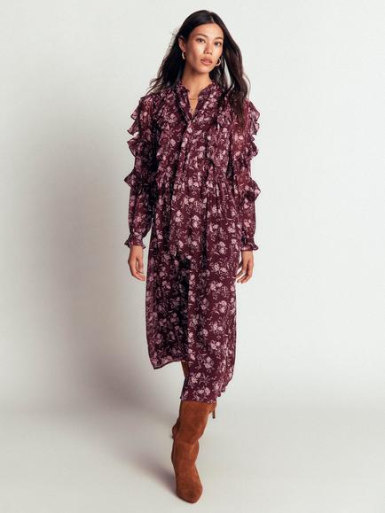 Boden Ruffle Floral Tie Neck Dress, Brown/Multi, Brown/Multi