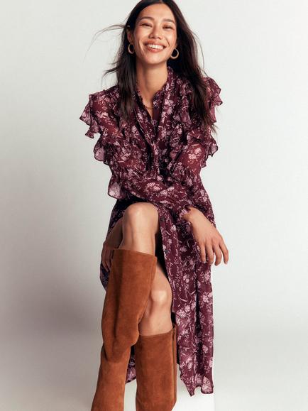 Boden Ruffle Floral Tie Neck Dress, Brown/Multi - view 2, Brown/Multi